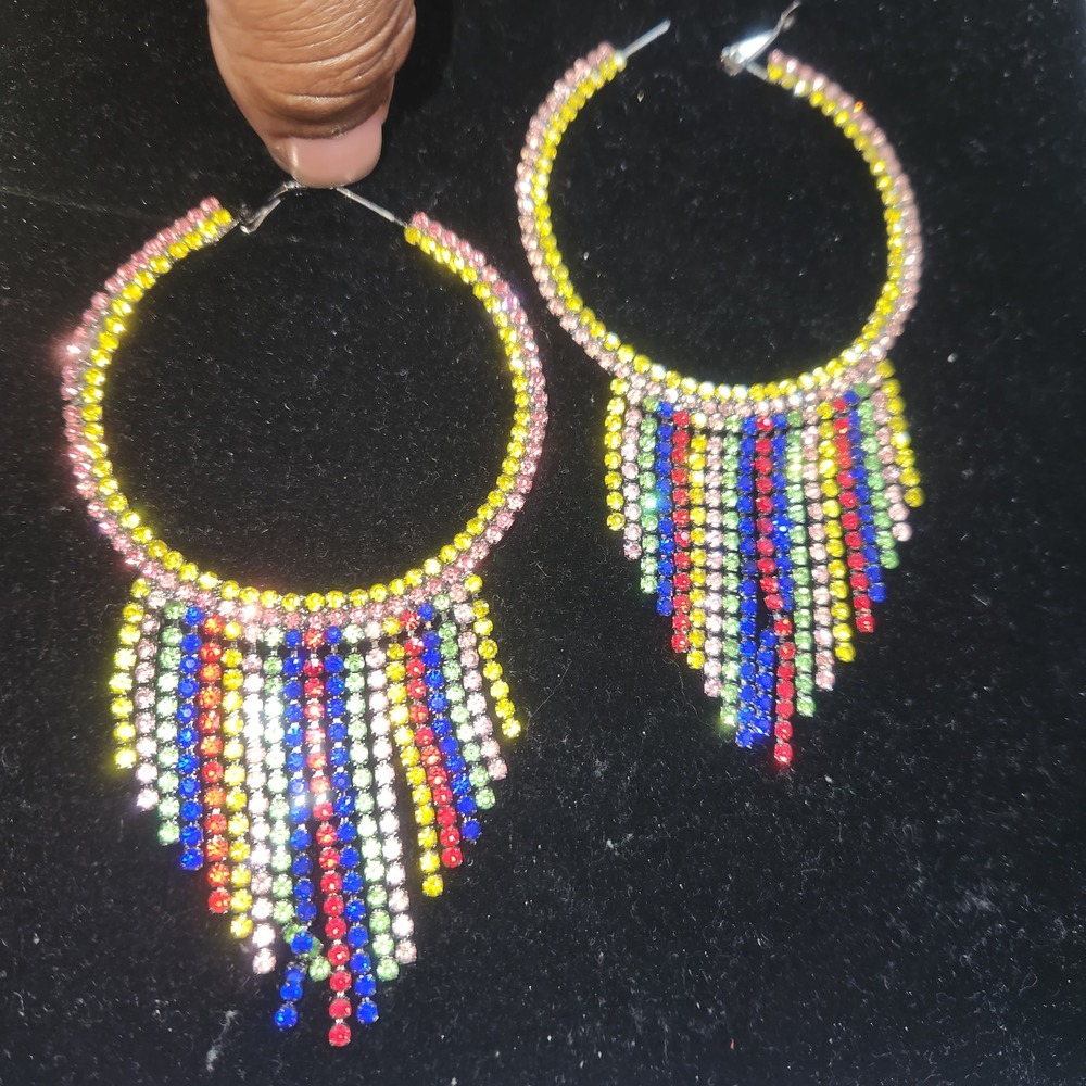 Multi Color Rhinestone Fringe Hoop Earrings Rainbow Crystal Tassel Statement - Picture 9 of 11